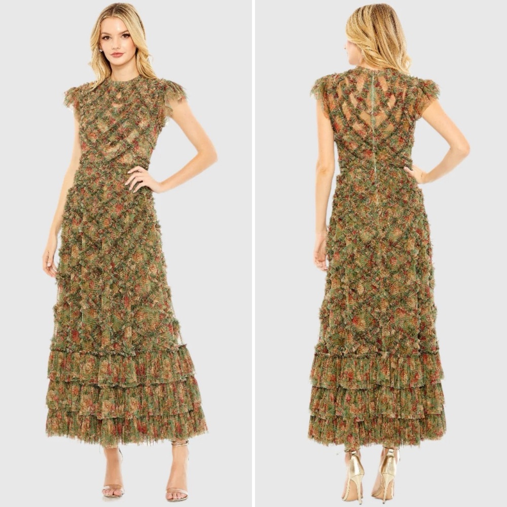 Midi Tiered Floral Texture Dress in Olive Multi - Unbranded